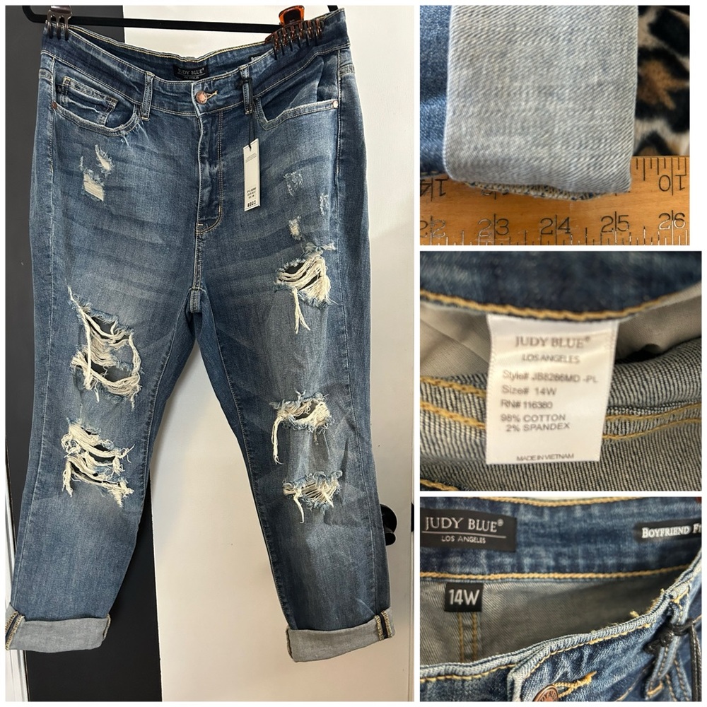 Judy Blue 14w NWT Distressed Boyfriend Cuffed Jeans 25” inseam Style 8286MD